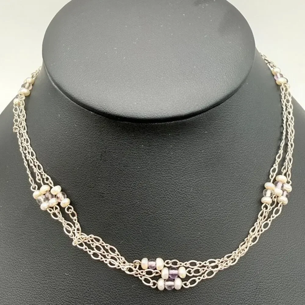 Vintage 925 Silver 3 Strand Figaro Chain Necklace Pearl Amethyst Beads 14